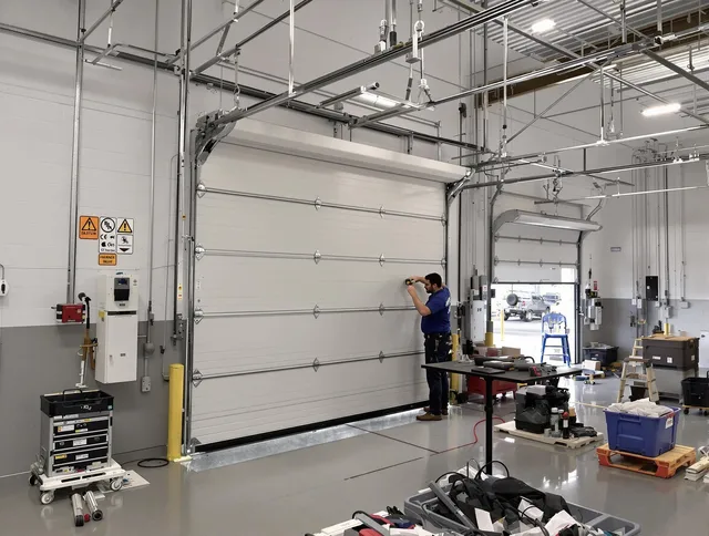 Commercial garage door repair being performed by Monrovia Garage Door Repair expert in Monrovia