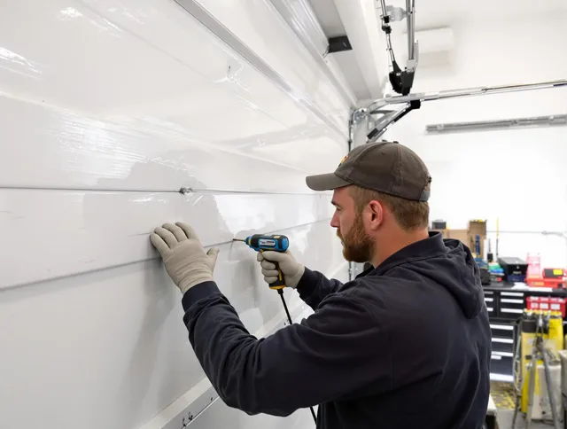 Monrovia Garage Door Repair technician demonstrating precision dent removal techniques on a Monrovia garage door