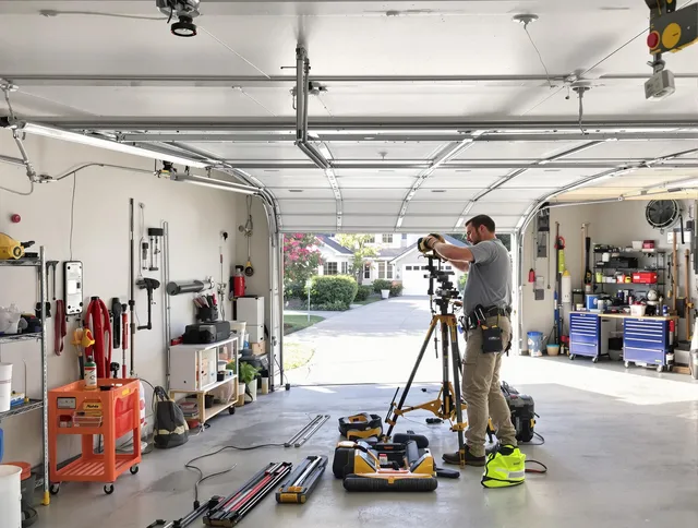 Monrovia Garage Door Repair specialist performing laser-guided track alignment in Monrovia